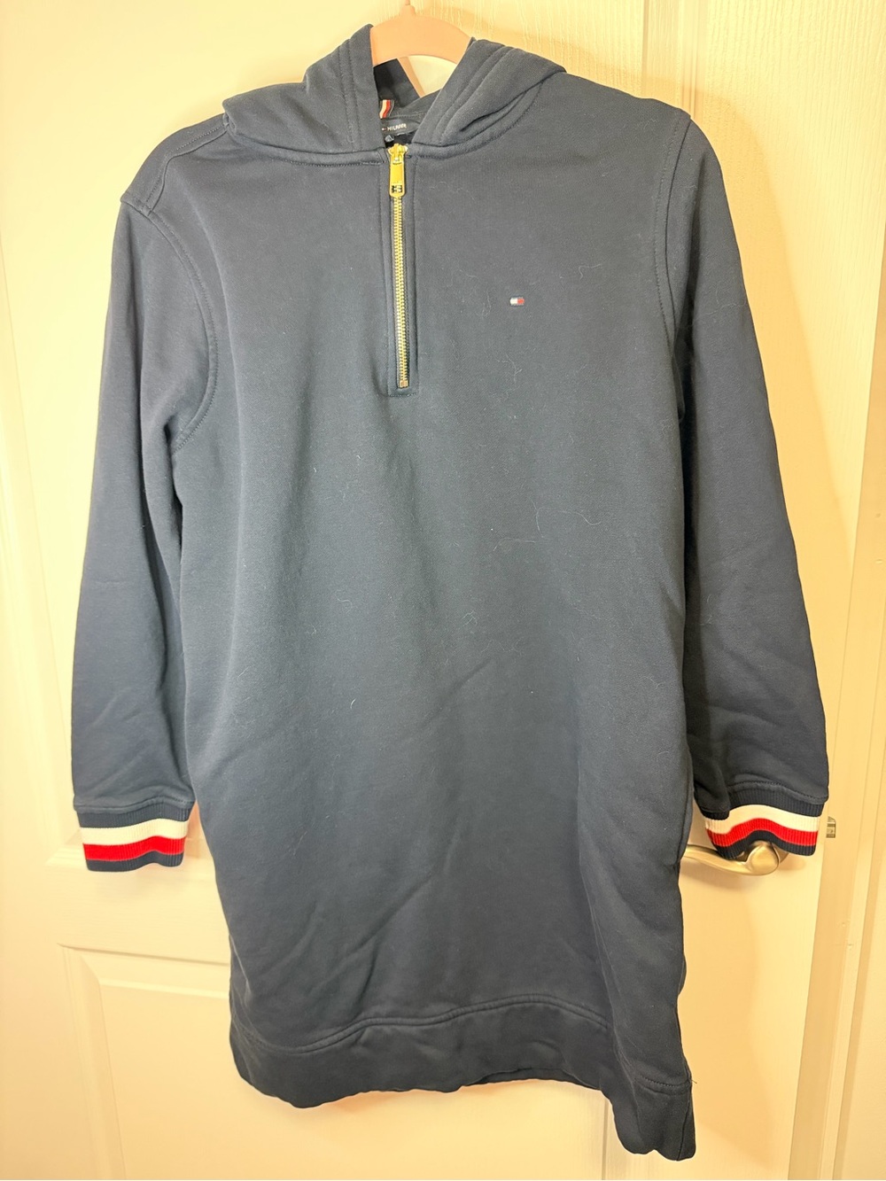 Tommy Hilfiger Navy Hooded Half-Zip Sweater dress with Signature Stripe Cuffs